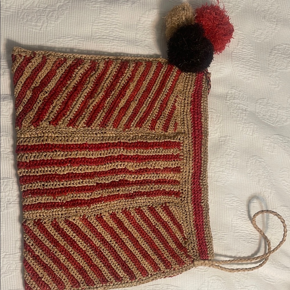 Boho Stripe Crochet Clutch in Red and Tan with Pom Pom Accent